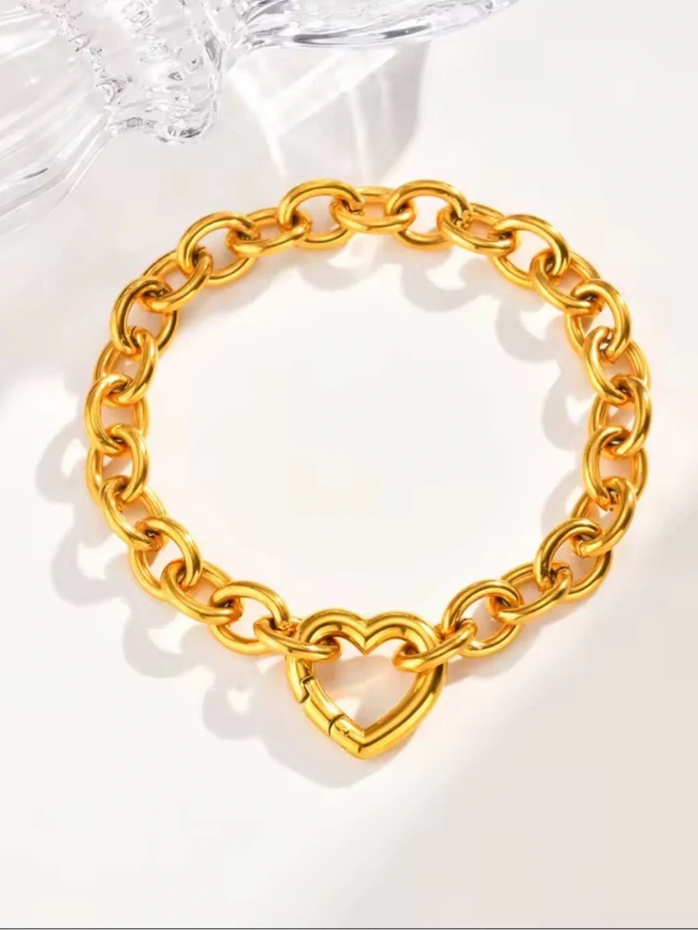 Gold Heart Bracelet Carabiner Chunky Chain 18K Gold over Stainless Steel Tiffany